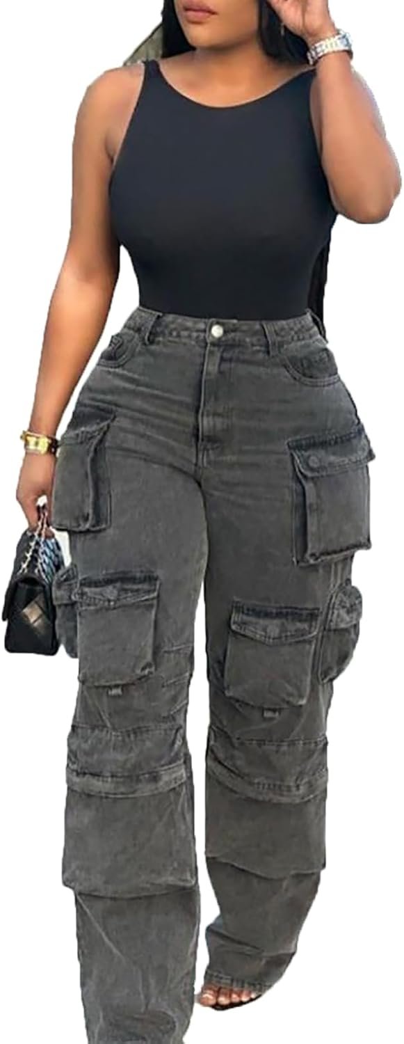 LKOUS Women’s Y2K Baggy Straight Wide Leg Cargo Jeans, Streetwear High Waisted Denim Pant