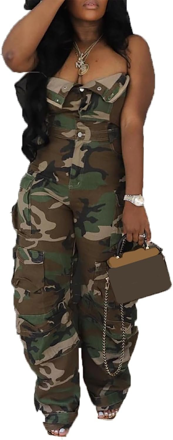 LKOUS Casual Cargo Denim Jumpsuit for Women, Elastic Stretch Multi Pockets Button Down Straight Leg Jeans Jumpsuits