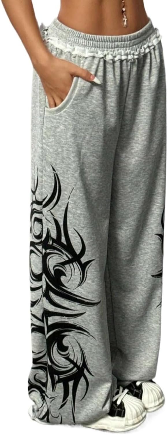 Y2k Wide Leg Baggy Grunge Double Waisted Drawstring Sweatpants Streetwear Women Emo 2000s Star Pants
