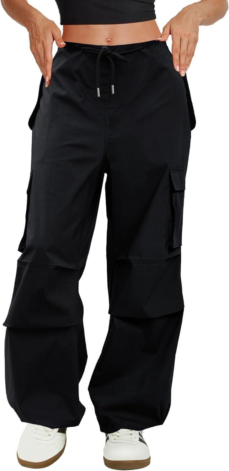 COPYLEAF Cargo Pants Women Low Waisted Parachute Pants with Pockets Loose Baggy Hiking Pants Y2K Clothes