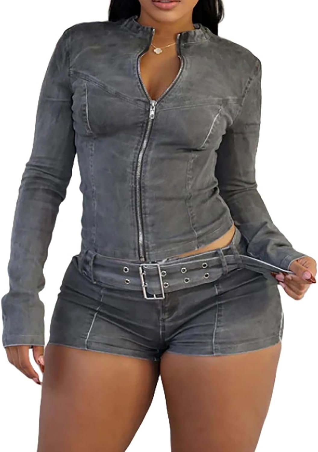 Denim Outfits for Women 2 Piece Casual Long Sleeve Zip Up Cropped Jacket Skinny Jean Shorts Set with Belt