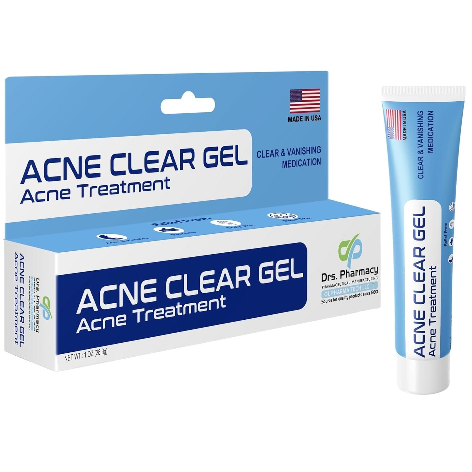 Drs Pharmacy Acne Clear Gel – 0.5% Salicylic Acid Daily Defense – 1 oz, Made in USA