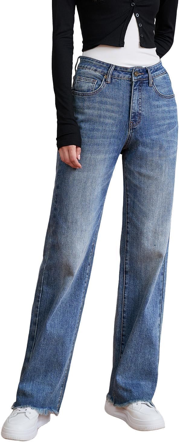 Womens High Waisted Jeans Stretchy Straight Leg Loose Fit Tummy Control Raw Hem Denim Pants Trendy Fashion