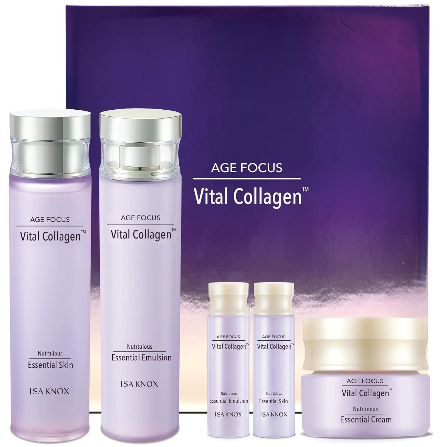 ISA KNOX AGE FOCUS VITAL COLLAGEN SKINCARE GIFT SET (370ml / 12.51 Fl Oz) – Korean Luxury Premium High-end Skin Toner, Emulsion Lotion, Cream by LG BEAUTY. Hydrolyzed Collagen,