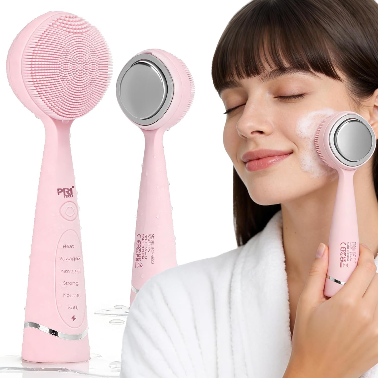 PRITECH Facial Cleansing Brush, Rechargeable Silicone Face Scrubber with Constant-Temperature Heating, Vibrating Exfoliator Scrubber for Deep Pore Cleaning, Waterproof Face Brush for Women & Men -Pink