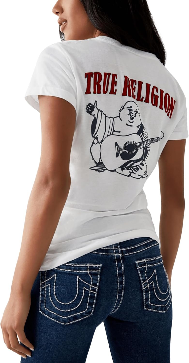 True Religion Women’s V-Neck Buddha Logo Tee | Womens Tops | Graphic Tees for Women | T Shirts for Women | Short Sleeve