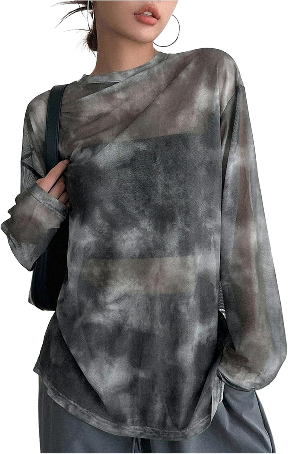Verdusa Women’s Y2k Tie Dye Sheer Mesh Top Long Sleeve Oversized Rave Streetwear Tops Whimsical Clothes