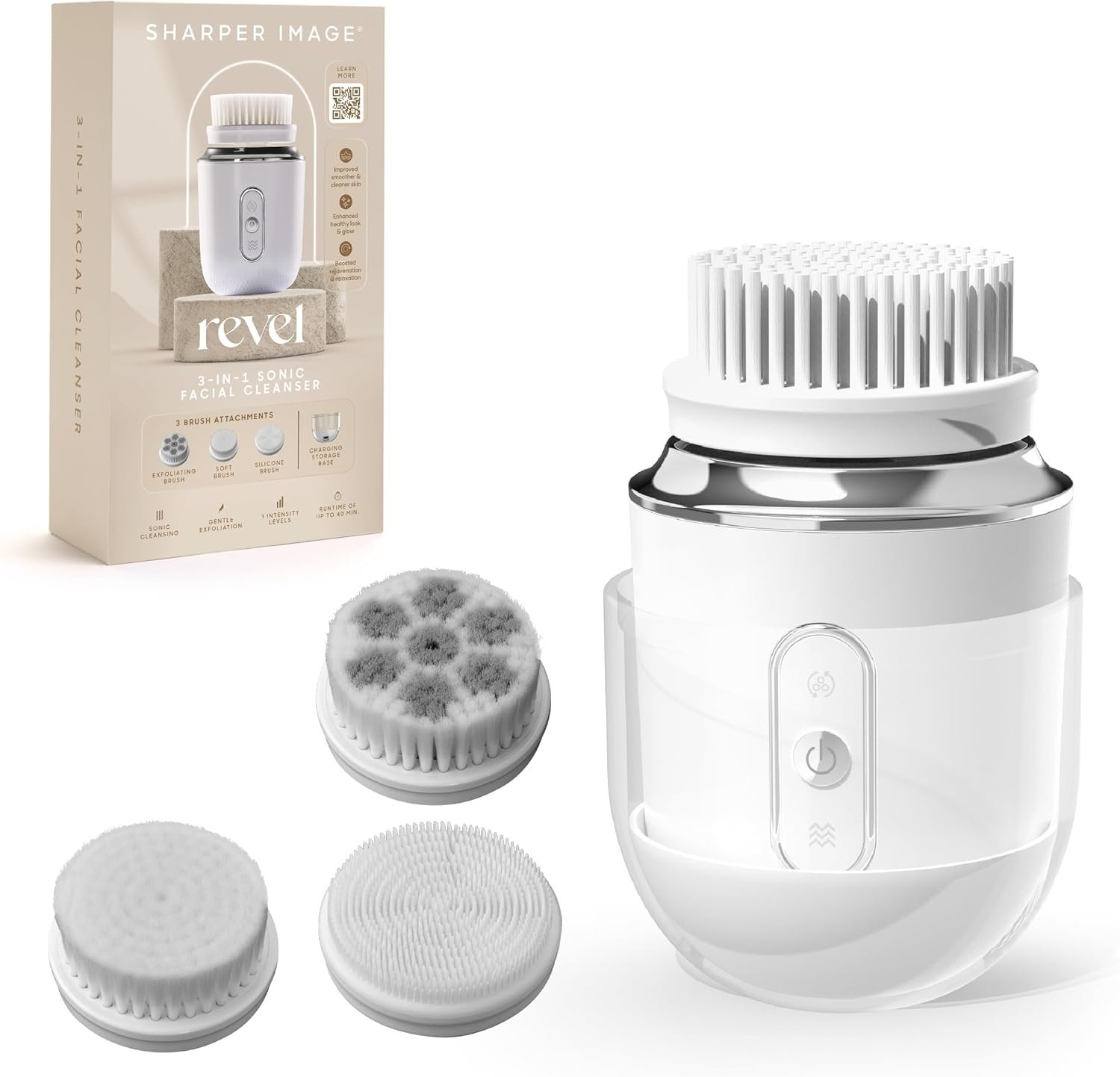 Sharper Image Revel 3-in-1 Sonic Facial Cleanser – 15,000 VPM Glow-Boosting Face Brush, Oscillating & Spin Modes, 3 Brush Heads, 3 Speeds, 90-Second Smart Timer, Wireless Charging, Water-Resistant