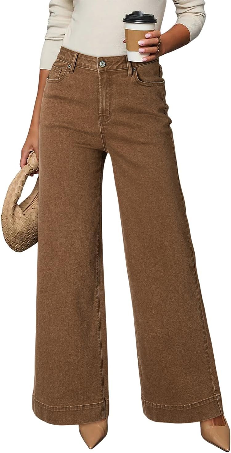 DOKOTOO Women’s Casual High Waisted Jeans Stretch Button Wide Leg Loose Denim Pants with Pockets