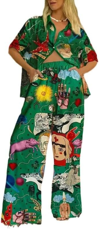 Women’s Summer Print Two Piece Pajama Set Short Sleeve Outfits Button Down Tops Drawstring Long Pants Sleepwear Sets
