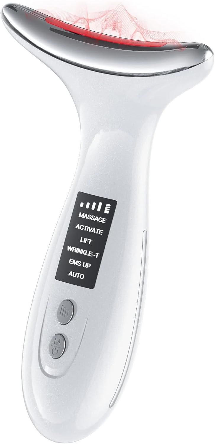 7-Color LED Red Light Therapy for Face & Neck Massager, Anti-Aging Facial Sculptor with Heat, Vibration, Lifting, Firming, Timer for Visible Skin Tightening, Rechargeable At-Home Beauty Device