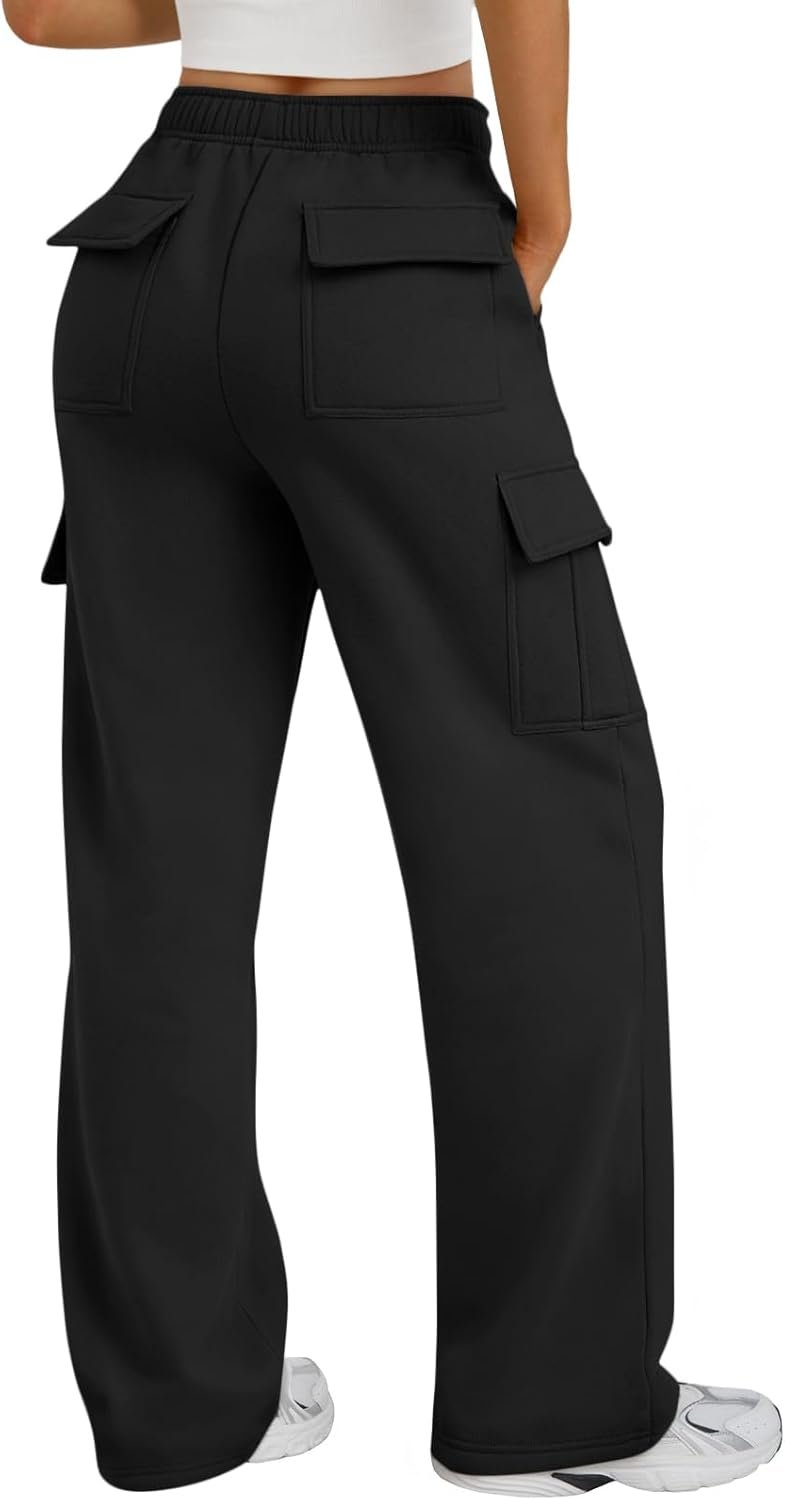 Trendy Queen Women’s Cargo Sweatpants, Wide Leg Workwear Pants with Pockets & Elastic Waist, Casual Joggers for Travel