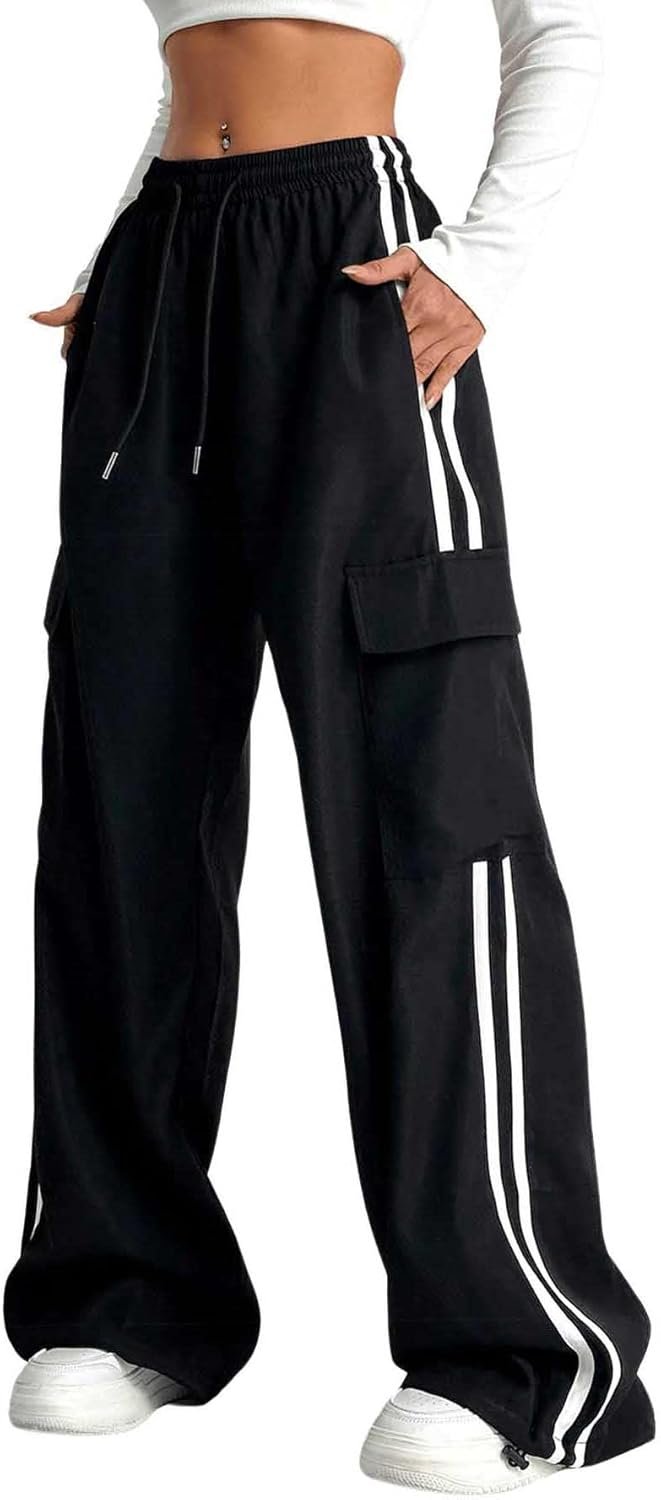 Verdusa Women’s Cargo Pants Baggy Straight Wide Leg Track Pants Striped Joggers with Pockets Athletic Streetwear