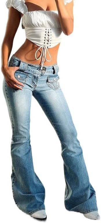Women’s Stretch Low Rise Double Button Elastic Skinny Vintage Flare Jeans