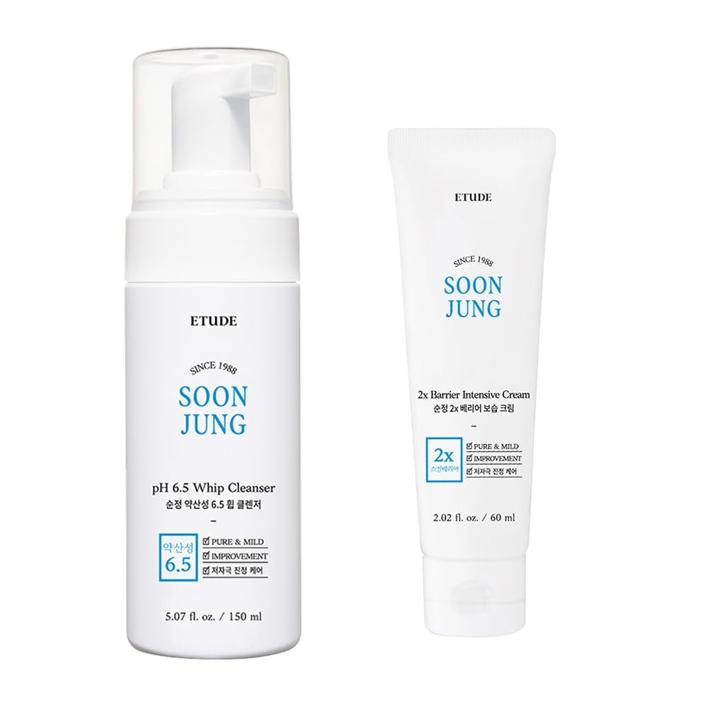 ETUDE SoonJung 2x Barrier Intensive Cream Rich Moisture (2.02 fl oz) + SoonJung pH 6.5 Whip Cleanser (5.07 fl oz)