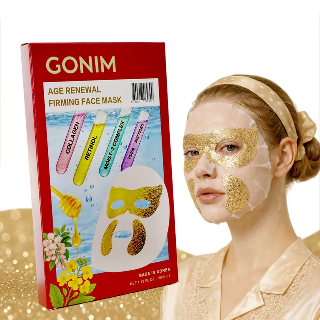 GONIM Korean Face Mask with Integrated Eye Patches with PDRN, Caffeine, Retinol, Collagen Face Mask, Hydrating Face Masks, Hyaluronic Acid Serum Sheet Mask Korean Skin Care Anti Aging 35ml/1.18ozx4