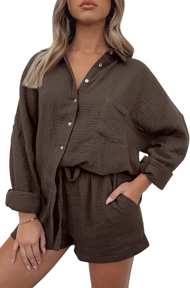 AUTOMET 2 Piece Sets For Women Lounge Wear Matching Two Piece Pajama Fashion Oversized Shirts And Shorts Spring Outfit 2026