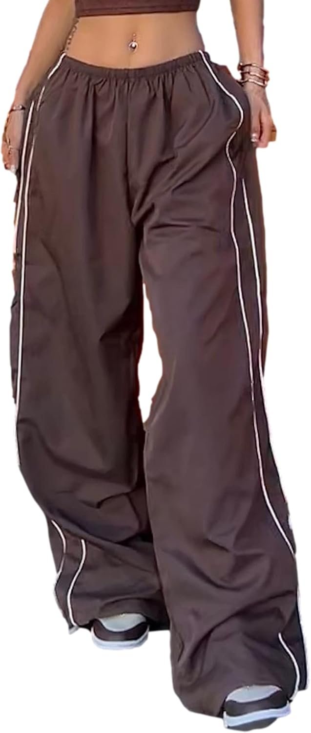 Womens Parachute Pants Wide Leg Baggy Pants Y2K Elastic Waist Jogger Sweatpants Track Pants Streetwear