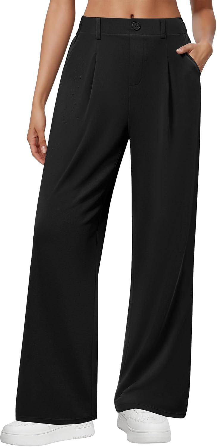 DLOODA Wide Leg Dress Pants for Women, Pull on Elastic Stretchy Work Pants High Waisted Casual Slacks with Pockets