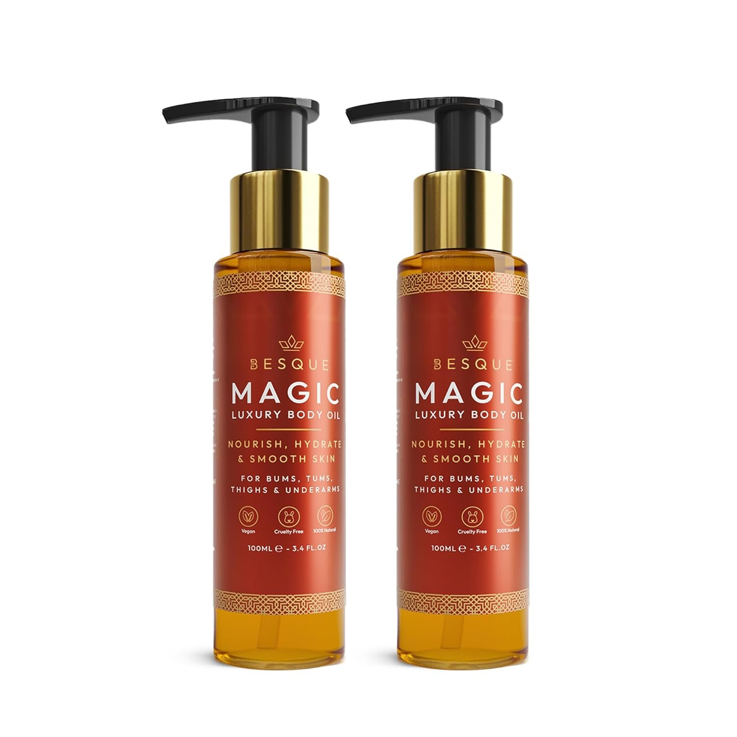 Besque Magic Body Oil, 3.4 FL OZ, After Shower Body Oil For Women, Hydrating Skin Care For Full Body That Plumps, Tightens, and Firms Skin With Natural Ingredients, Luxury Spa Gifts – Pack of 2