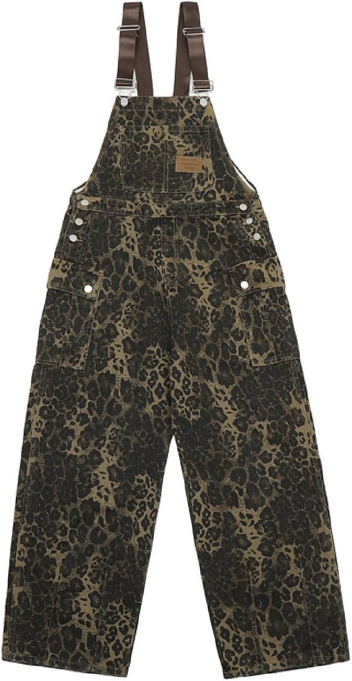 COOLMONAR Women’s Y2K Leopard Print Jeans Overall Chic Streetwear Baggy Wide Leg Jumpsuit Retro Hip Hop Loose Trouser