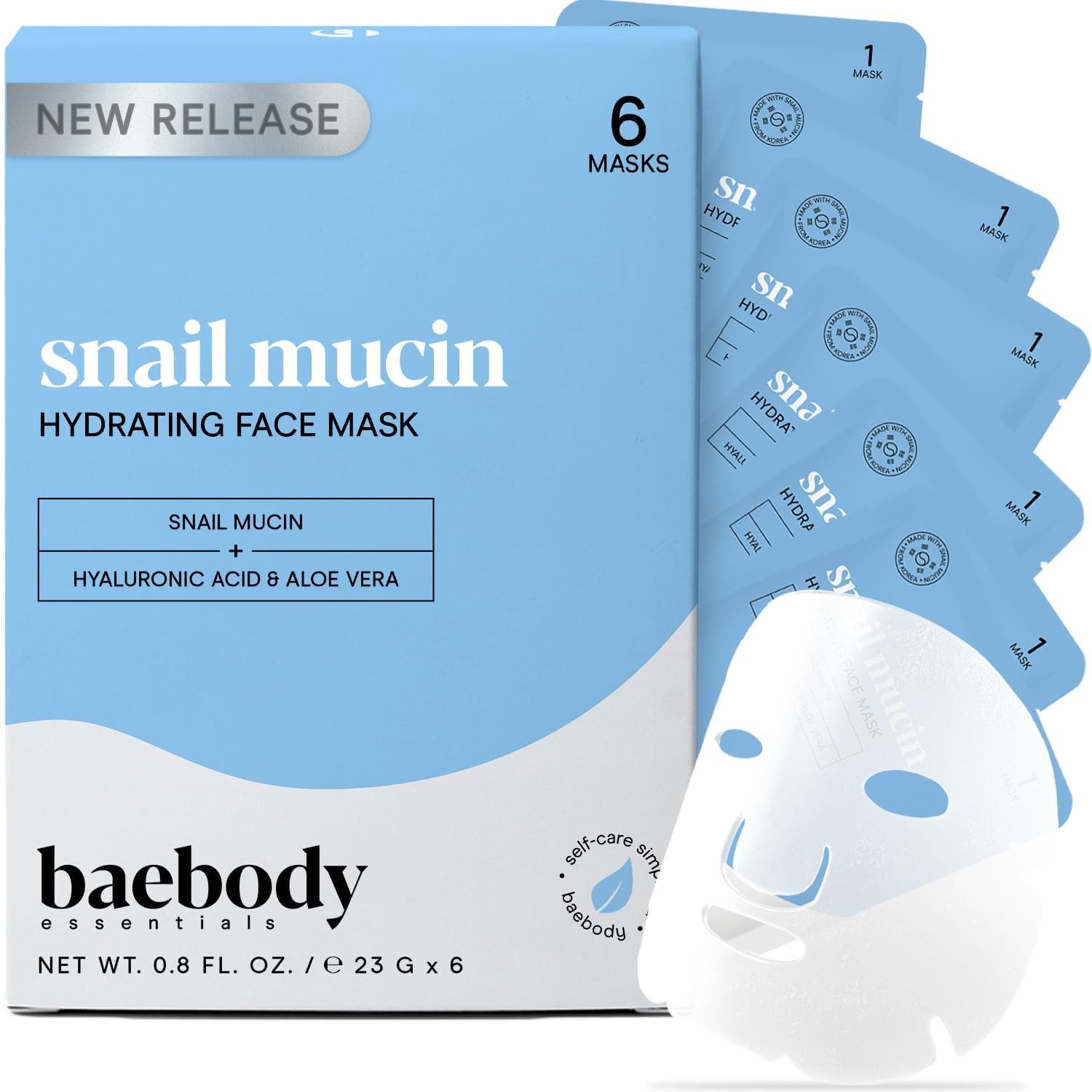 Baebody Snail Mucin Mask (6 pcs) – Hydrating Face Mask Sheet with Hyaluronic Acid – Moisturizing Face Mask for Youthful Skin – Korean Face Mask Inspired – Anti Aging Face Masks Skincare Korean