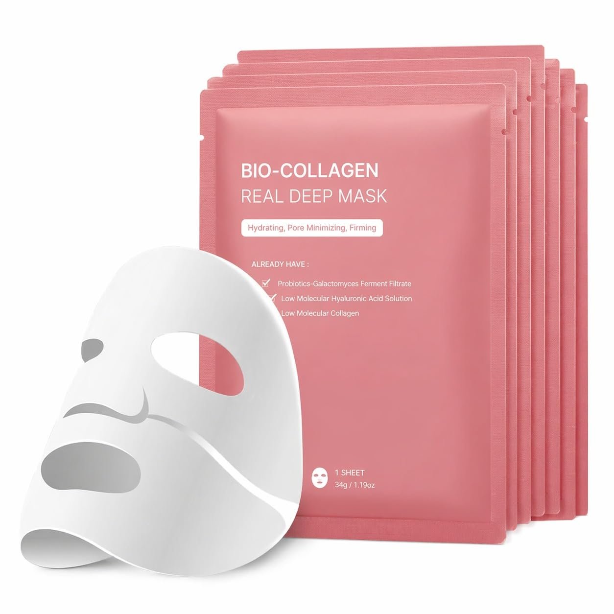 Bio-Collagen Real Deep Face Mask – Korean Hydrating Overnight Hydrogel Mask for Women | Firming, Pore Minimizing & Elasticity Boost | Deep Collagen Facial Sheet for Radiant Glass Skin, 4 Pack