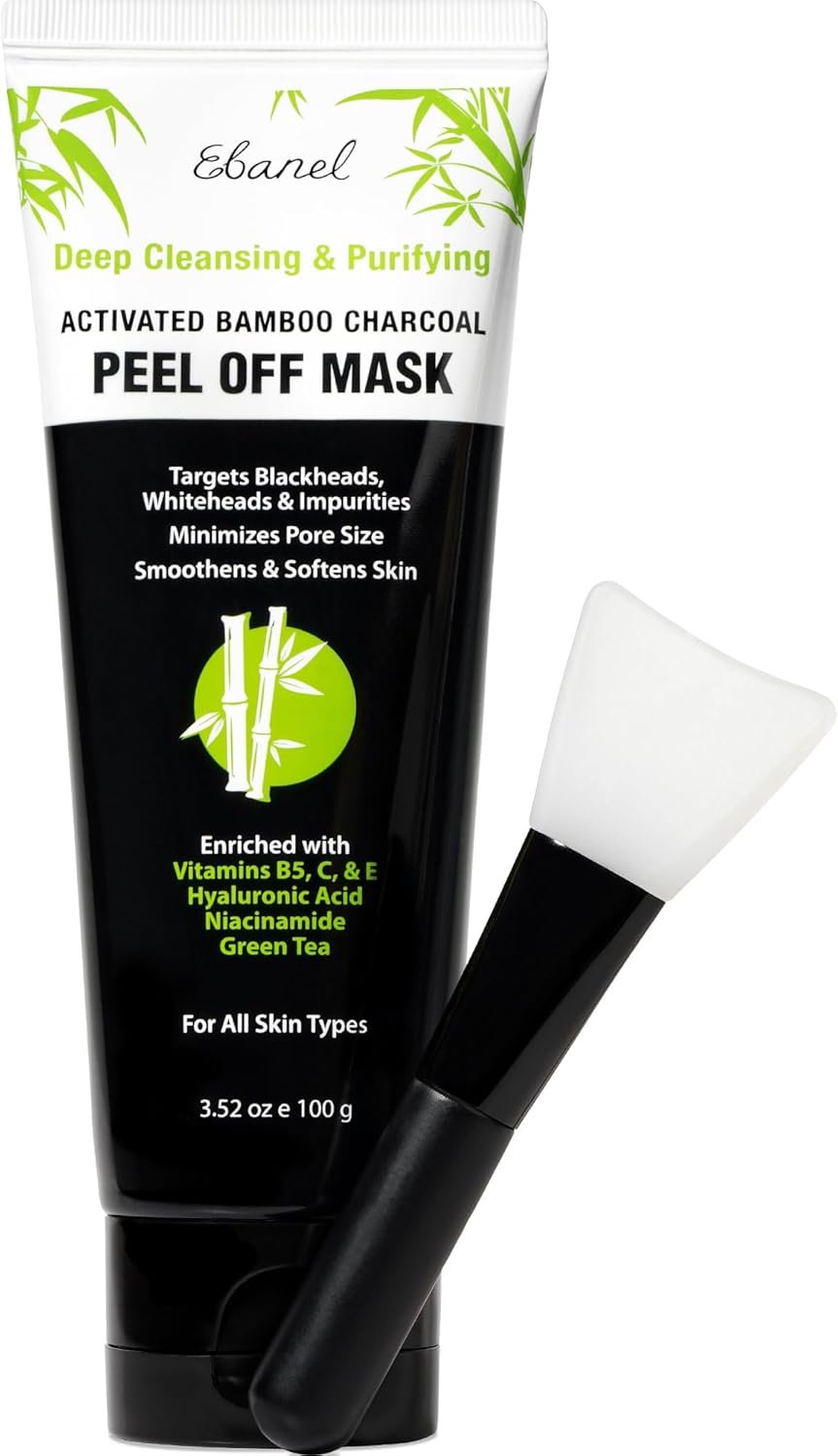 Ebanel Charcoal Peel Off Face Mask Applicator Set, Deep Pore Cleansing Minimizer Blackhead Remover with Niacinamide, Hyaluronic Acid, Vitamin C, Green Tea, Deep Cleanse Black Masks Peel Off Gel Mask