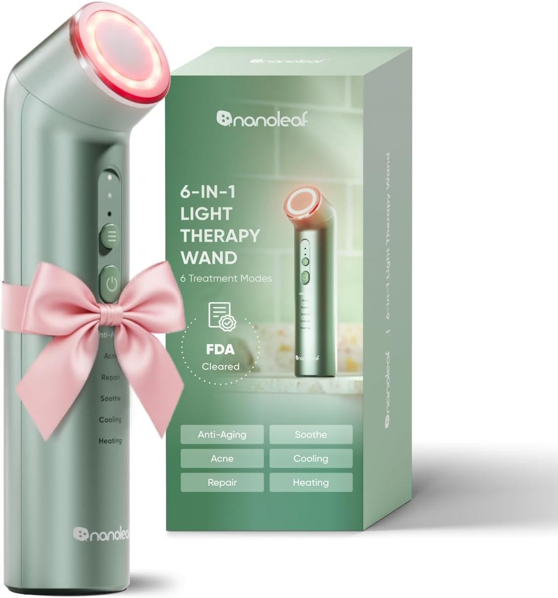 Nanoleaf FDA-Cleared 6-in-1 Light Therapy Wand for Face & Neck, Facial Massager with Red & Blue Light, Vibration, Heat & Cooling, Light Therapy Device for Anti-Aging & Acne