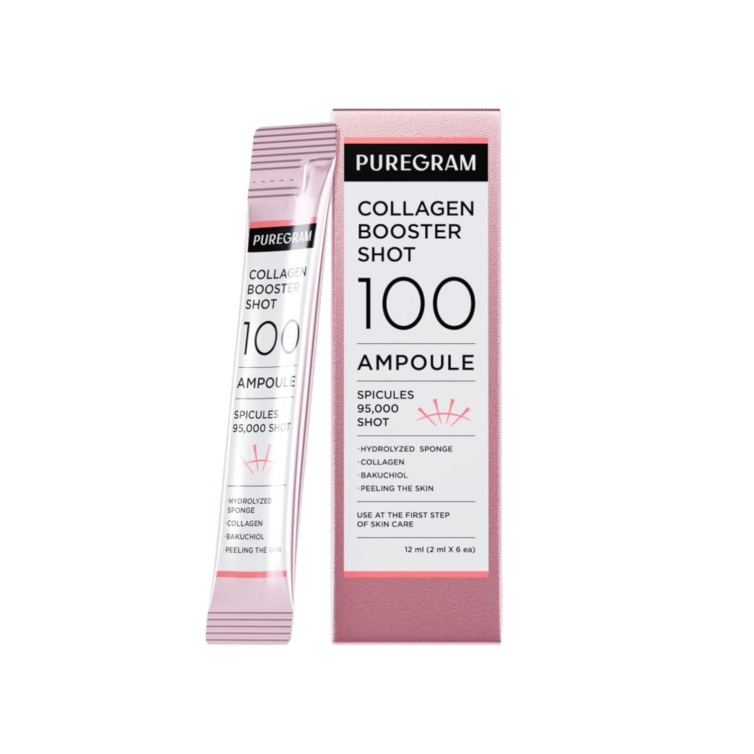 Collagen Booster Shot 100 Ampoule, 0.41oz (0.07ozx 6) Spicule Serum with Collagen, Bakuchiol, 5GF Peptides & Hyaluronic Acid, Elasticity, Smooth Texture & Wrinkle Care K-Beauty