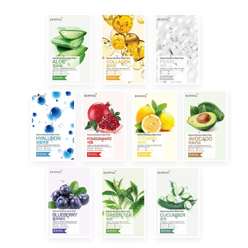 EUNYUL Natural Mask Sheet [Pack of 10] – 10 Types of Korean Face Sheet Masks for Intense Hydrating, Soothing & Glowing Skin – K-Beauty Skin Care Set