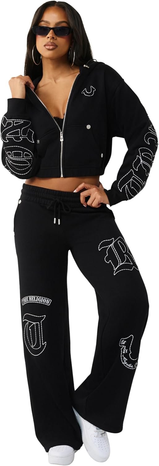 True Religion Women’s Branded Applique Wide Leg Pant – Cozy Cotton Blend Lounge Sweatpants