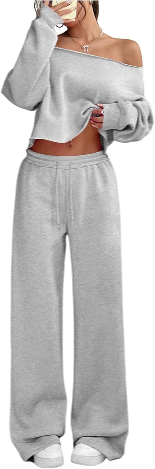 SOLY HUX Women’s 2 Piece Outfits Fall Sweatsuits Off The Shoulder Crop Top Wide Leg Sweatpants Casual Matching Lounge Sets