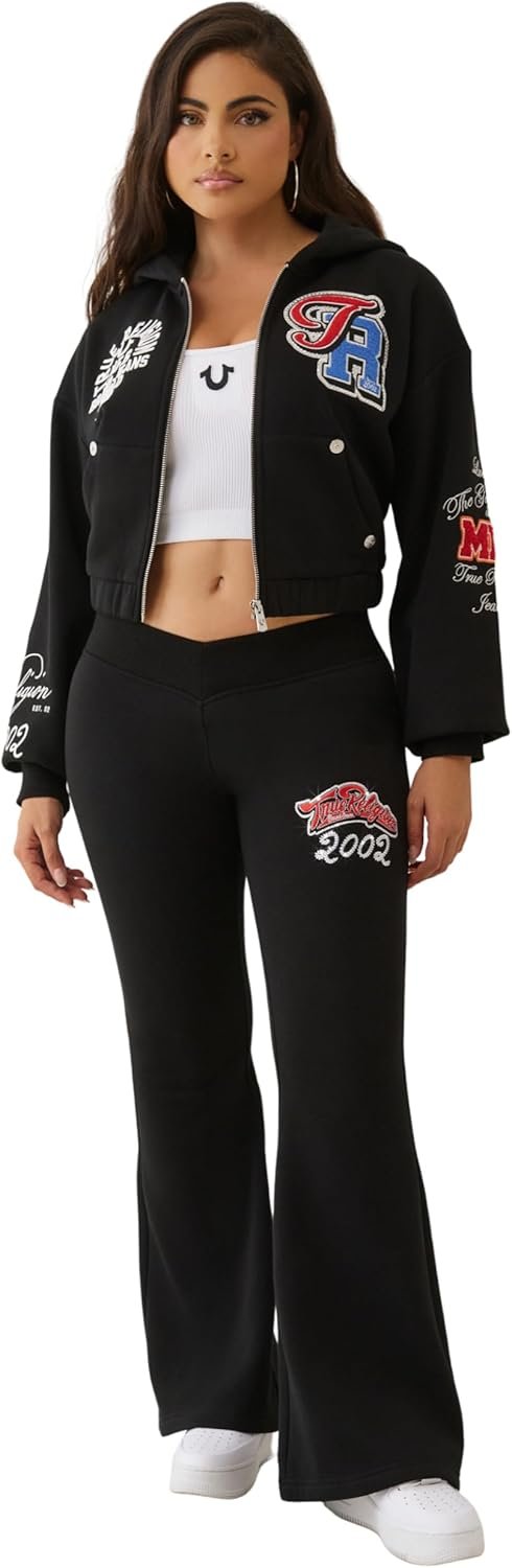 True Religion Women’s Crystal Patched Zip Hoodie – Full Zip Fleece Sweatshirt with Rhinestone Logo