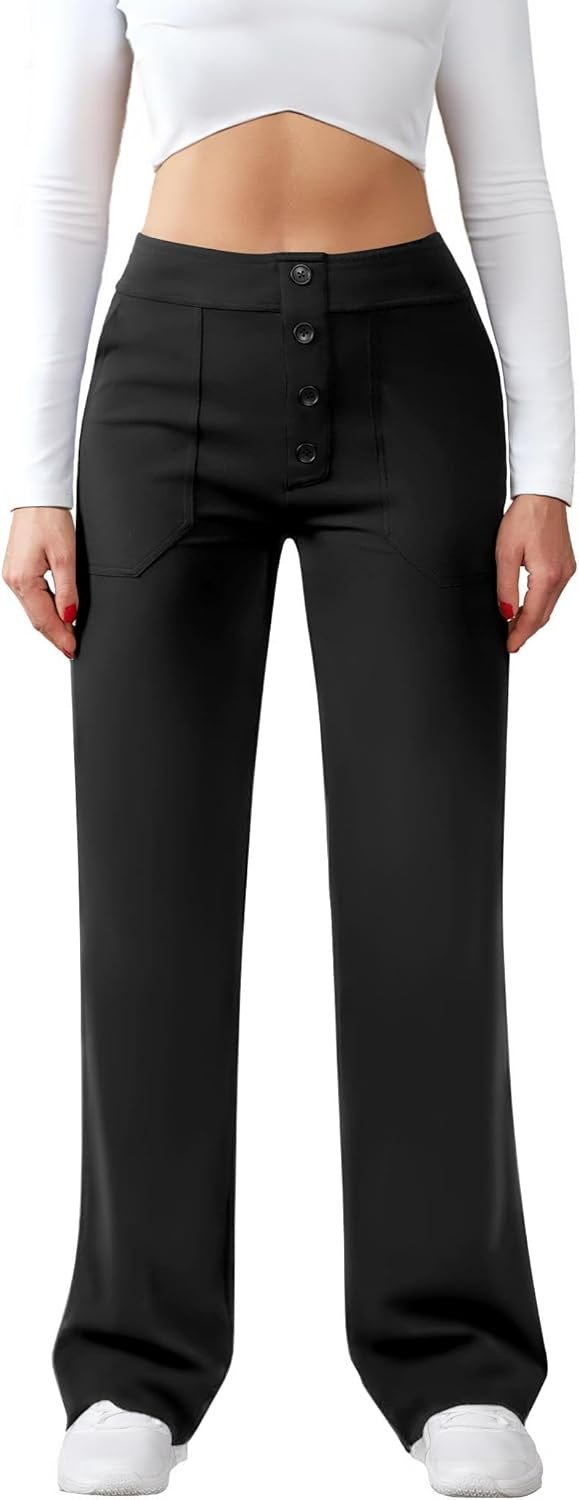 JEKAOYI Womens Casual High Waist Straight Leg Pants Stretchy Button Business Dress Work Pocket Trousers