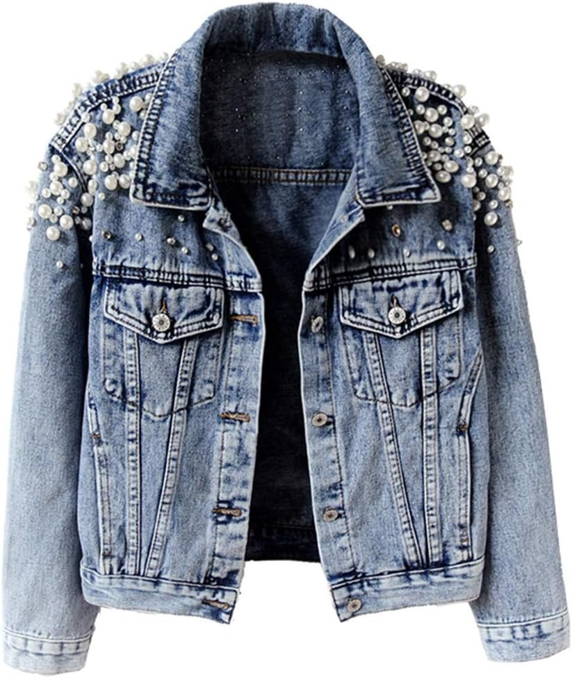 Kedera Women’s Jean Jacket Embroidered Rivet Pearl Short Denim Jacket Coat