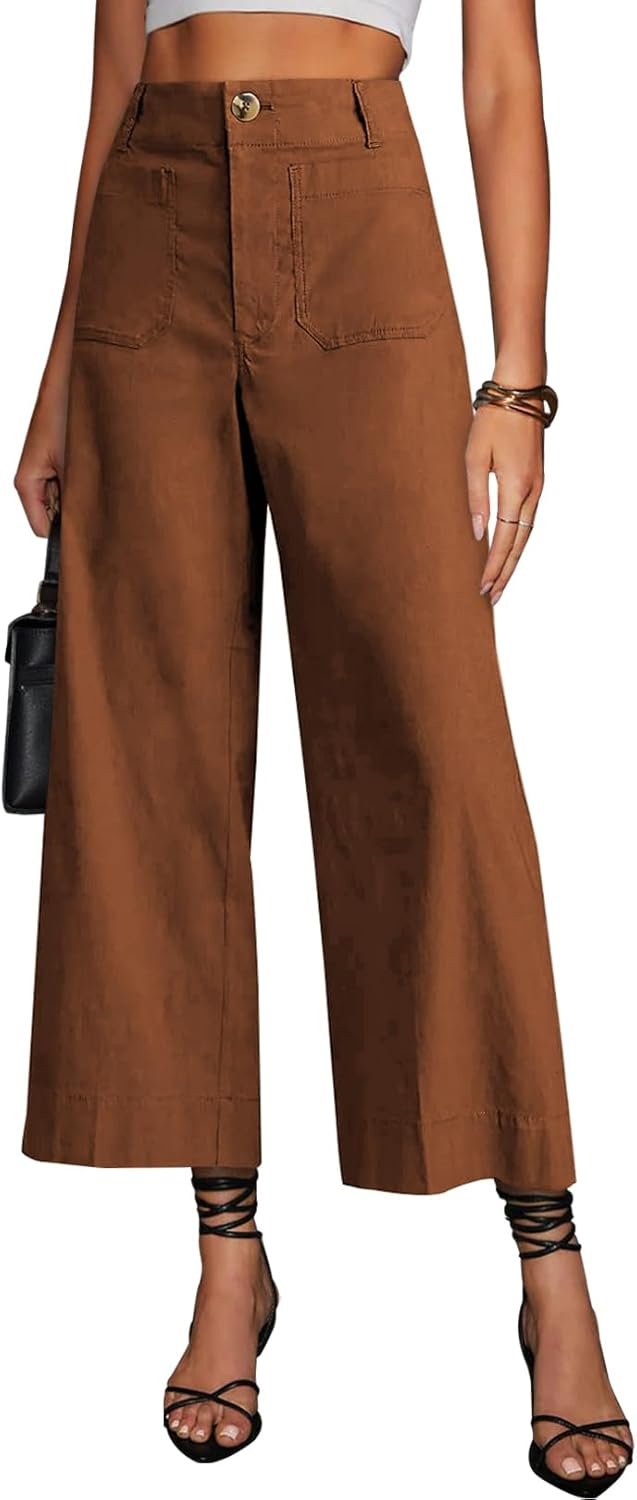 miduo Womens High Waisted Cropped Wide Leg Stretchy Straight Pants Trousers with Pockets