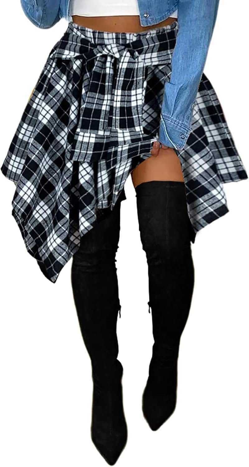 YBSKG Womens Plaid Skirts Elastic High Waist Tie Front Asymmetrical Hem Pleated Mini Skirt