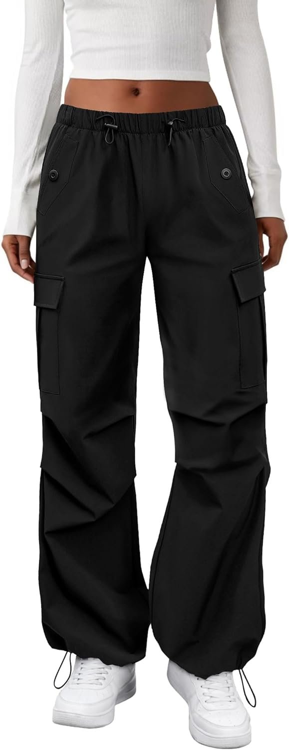 COPYLEAF Cargo Pants Women Elastic Waisted Parachute Hiking Pants with Pockets Water Resistant Lightweight Baggy Pants