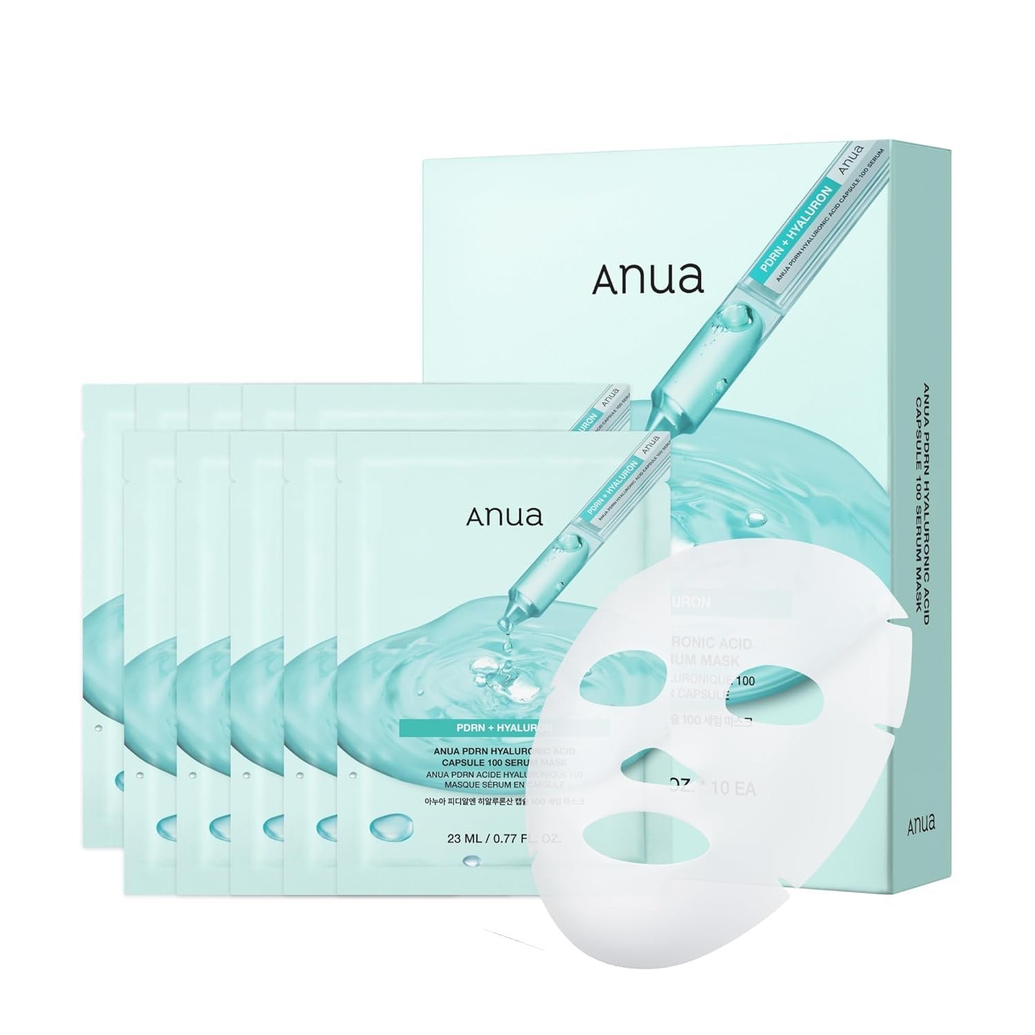Anua PDRN Hyaluronic Acid Capsule 100 Serum Mask, Hydrating Face Mask for Glass Skin, Dewy Glow and Firm Looking Skin, Salmon DNA PDRN and Collagen, Korean Skin Care(10EA)