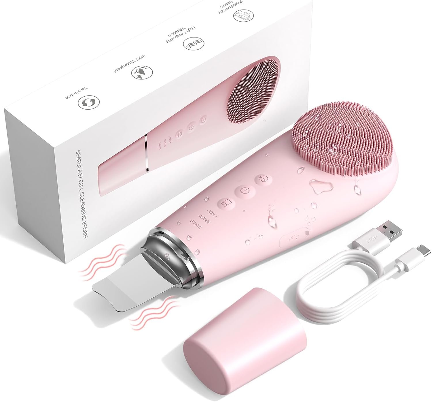 Facial Cleansing Brush & Massager, 2 in 1 Facial Skin Scrubber Waterproof and Rechargeable Face Scrub for Deep Cleansing Vibrating Exfoliator Scrubber Skin Care with 7 Modes, Gentle Exfoliating – Pink