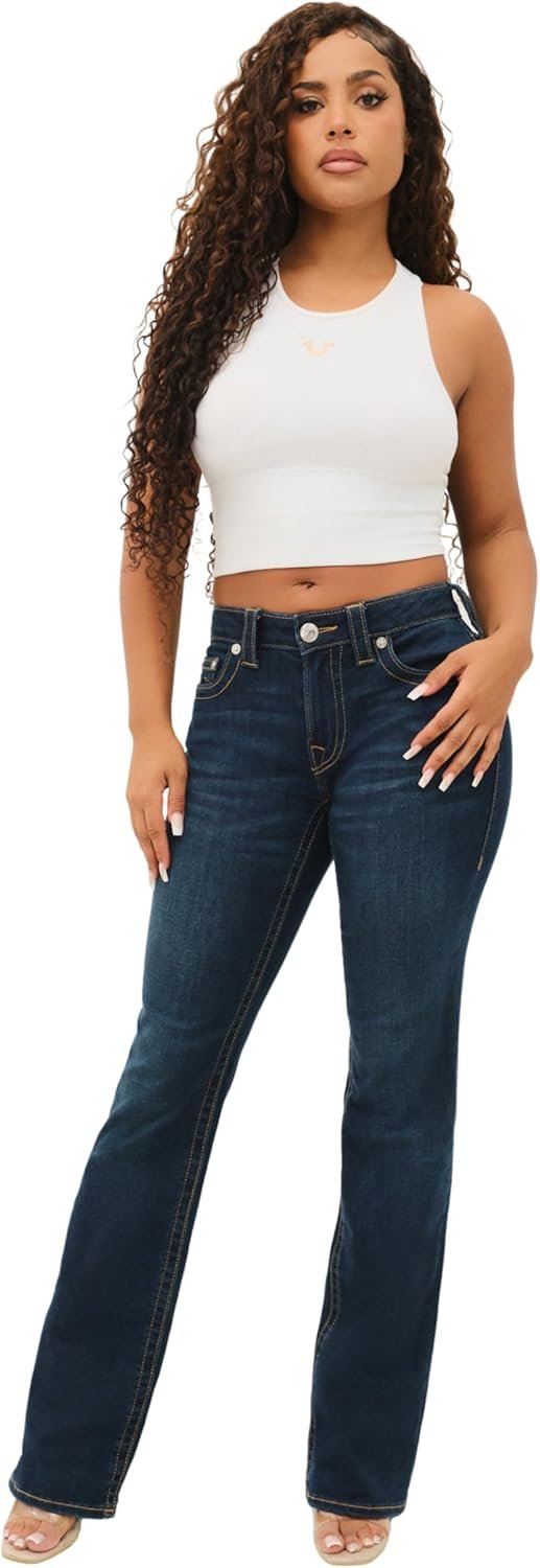 True Religion Women’s Becca Crystal Flap Mid Rise Bootcut Jean | Womens Jeans | Bootcut Jeans for Women | Stretch Denim