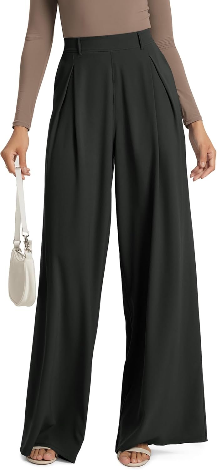 ODODOS Chiffon Flowy Pleated Wide Leg Pants for Women Lightweight High Waist Trouser with Pockets-27/29″ /31″ Inseam