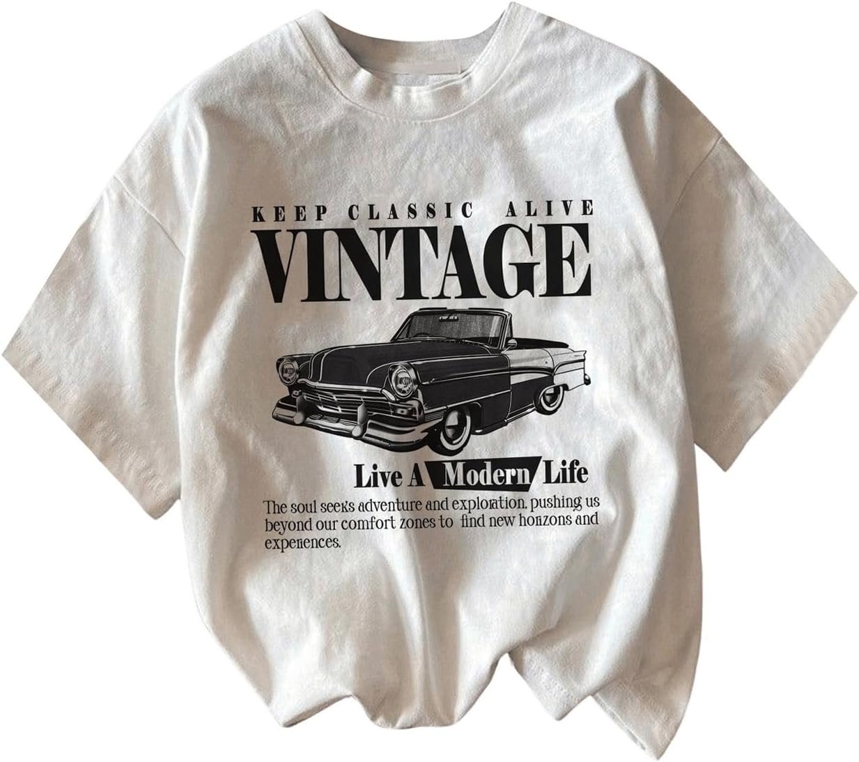 RoseSeek Women’s Graphic Letter Tee Crew Neck Drop Shoulder Trendy Summer T Shirt Short Sleeve Vintage Car Print Top