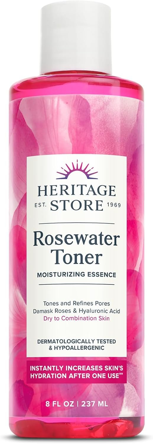 Heritage Store Rosewater Facial Toner with Hyaluronic Acid, Dry to Combination Skin Care, Hydrating Toner Refines Pores & Minimizes the Appearance of Fine Lines & Wrinkles, Alcohol Freeǂ, Vegan, 8oz