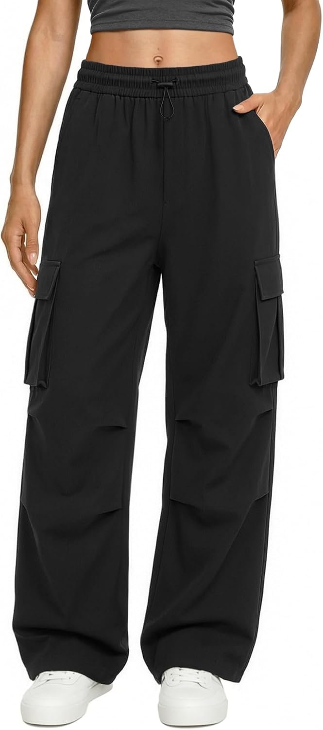 keriffe Womens Cargo Pants High Waisted Casual Baggy Parachute Wide Leg Hiking Pants with 4 Pockets