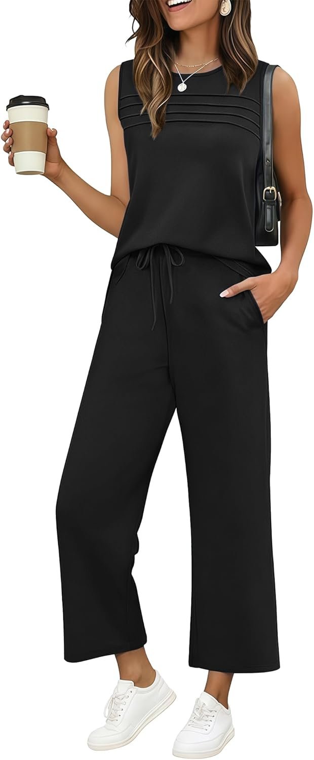 Ekouaer Two Piece Sets for Women Summer Vacation Fashion Outfits Sleeveless Top Wide Leg Pants 2026 Lounge Sets S-2Xl