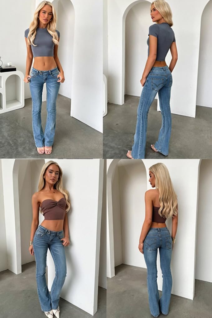 Women’s Stretch Low Rise Double Button Elastic Skinny Vintage Flare Jeans