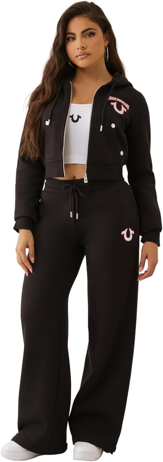 True Religion Women’s Embroidered Shrunken Zip Hoodie | Hoodies for Women | Zip Up Hoodie Women | Cropped Hoodie