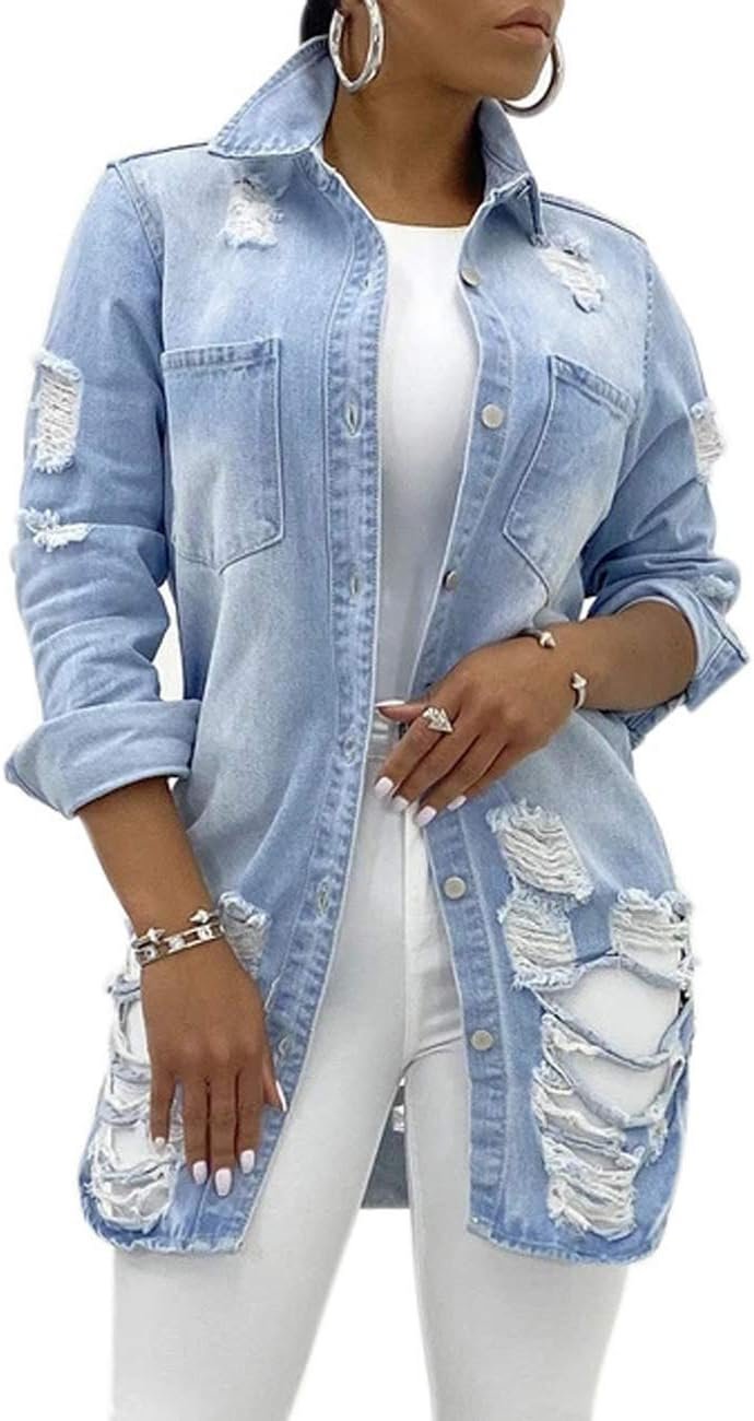 SeNight Women’s Jean Jacket Long Sleeve Classic Distressed Fray Hem Tassels Denim Trucker Jackets